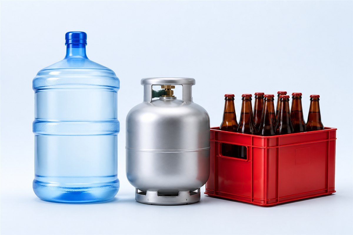 Galão de água, botijão de gás e caixa de bebidas